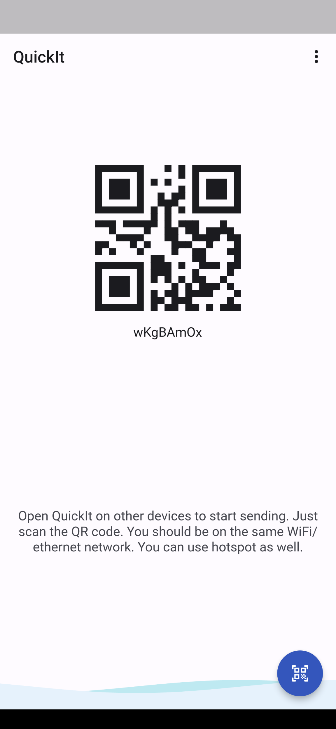 Image of home screen with QR code in Quickit app.