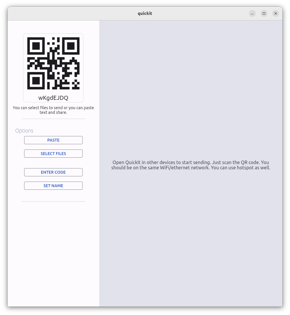 Image of home screen with QR code in Quickit app.
